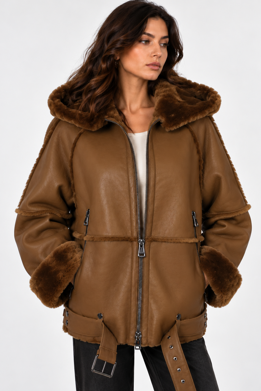 Oversized Damen Lammfell Fliegerjacke – luxuriöse Aviator Jacke