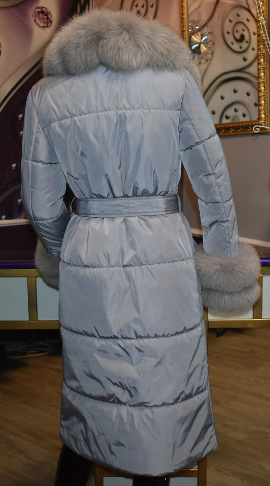 Luxus Designer Damen Steppmantel mit Fuchspelz Kragen