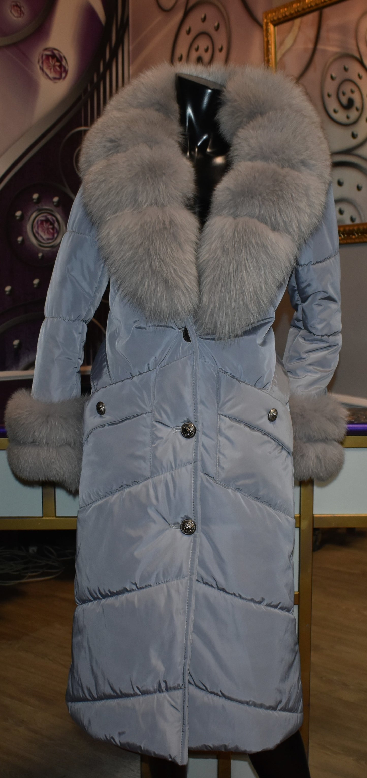 Luxus Designer Damen Steppmantel mit Fuchspelz Kragen