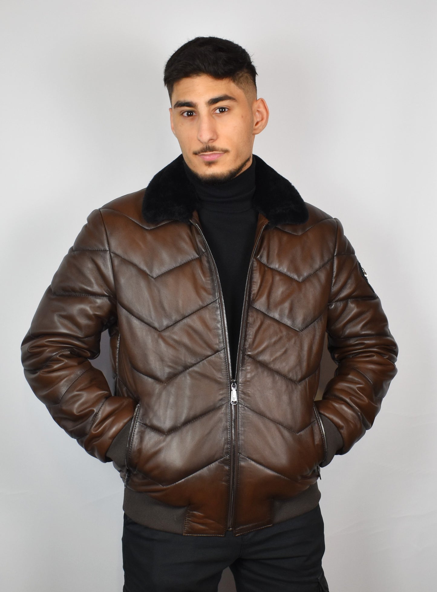 Lederjacke/ Steppjacke mit Lammfell Kragen