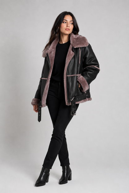 Oversized Damen Lammfell Fliegerjacke