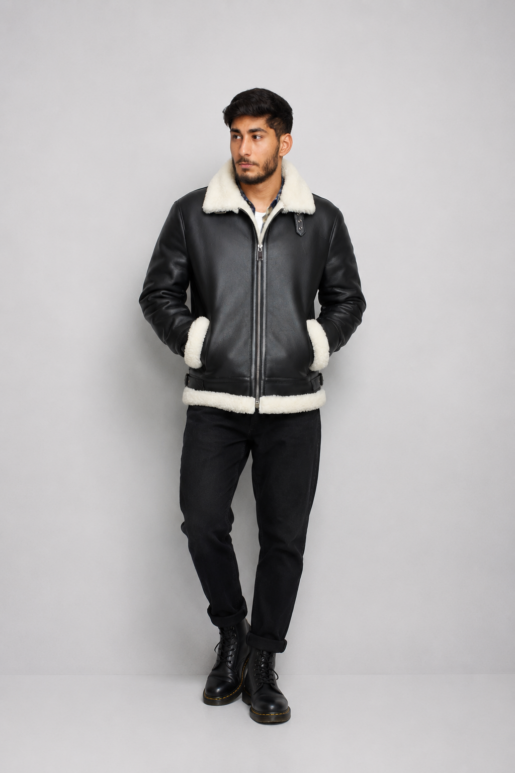 Herren echte Lammfelljacke Pilotenjacke Fliegerjacke
