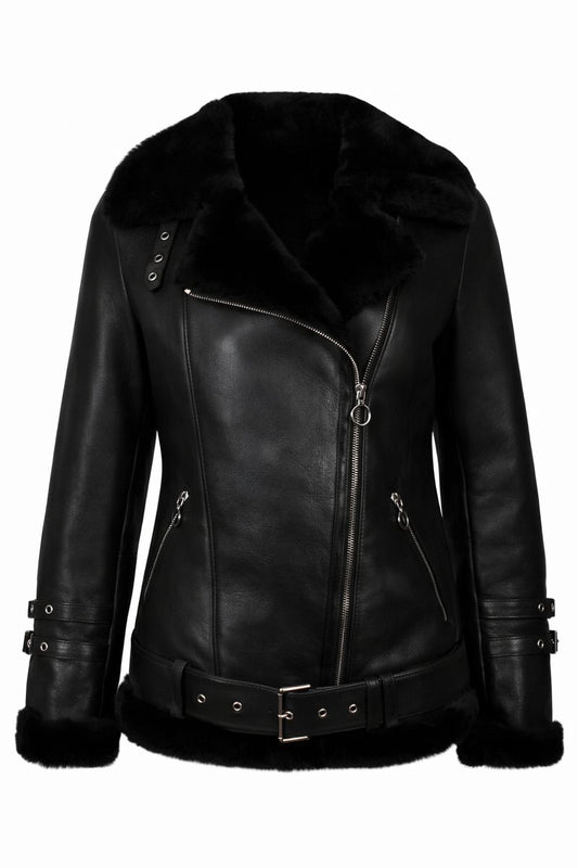 Luxuriöse Damen-Lammfelljacke in Schwarz