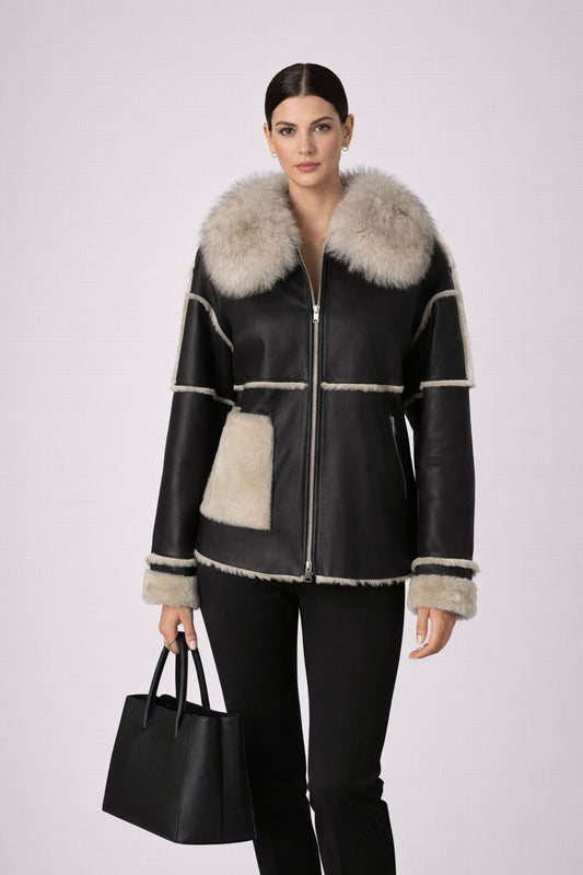 Shearling Lammfell Lederjacke Damen mit Echtfellkragen