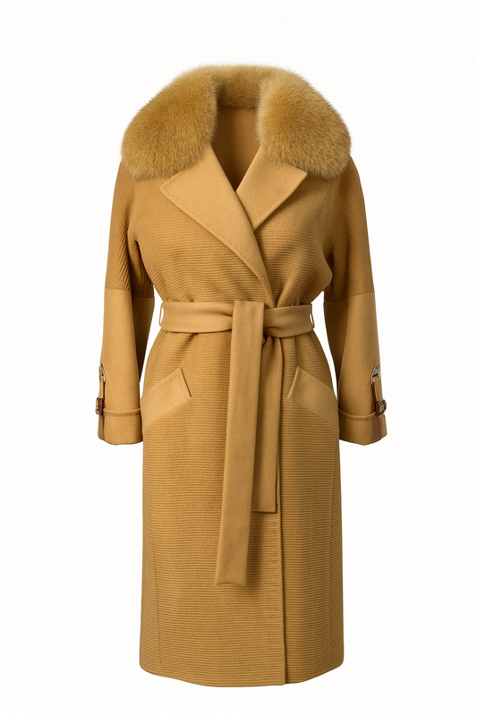 Luxuriöser Kaschmir Mantel Damen in Camel mit Echtfellkragen