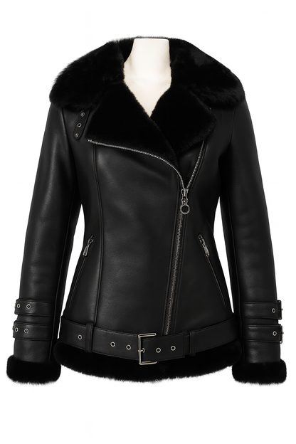 Luxuriöse Damen-Lammfelljacke in Schwarz