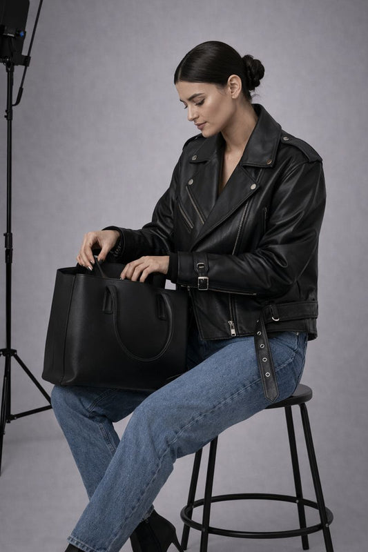 Oversized Damen Lederjacke Schwarz