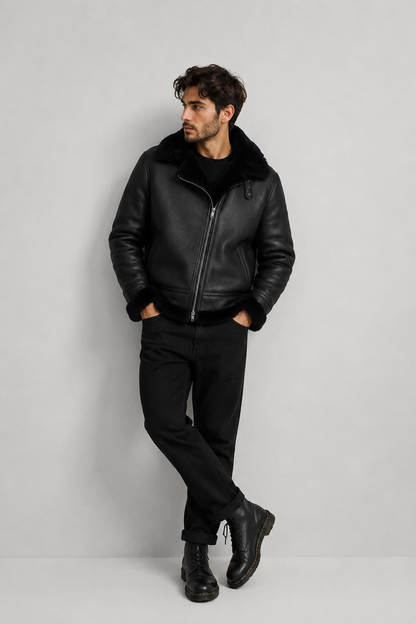 Herren Lammfelljacke Pilotenjacke Fliegerjacke