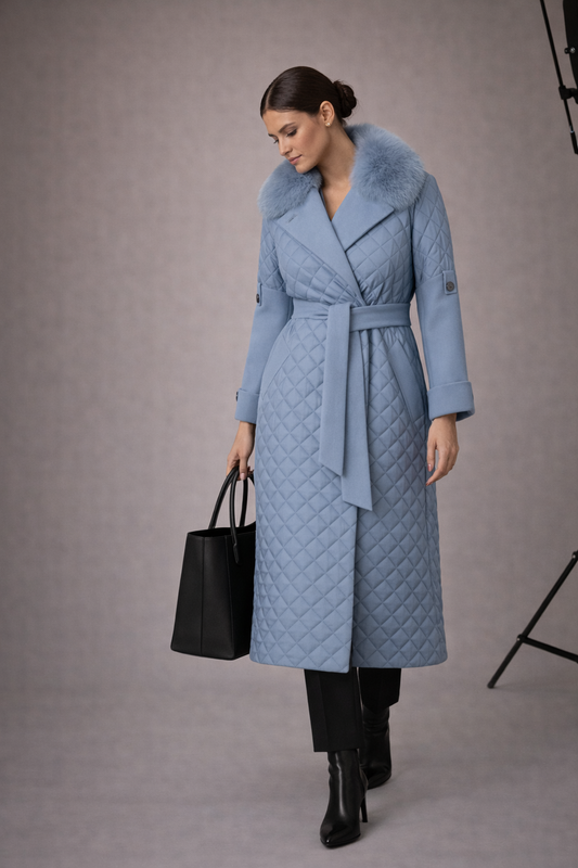 Luxuriöser Damen Steppmantel Kaschmir mit Echtfellkragen