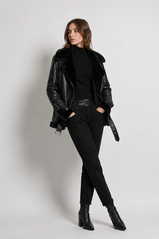 Luxuriöse Damen-Lammfelljacke in Schwarz