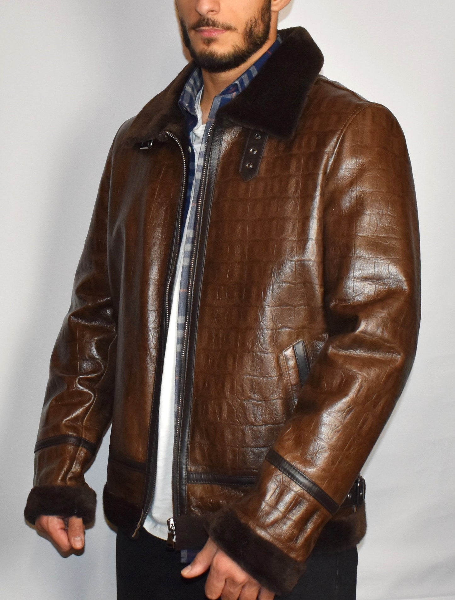 Lammfelljacke Herren Pilotenjacke/ Fliegerjacke in Kroko Optik