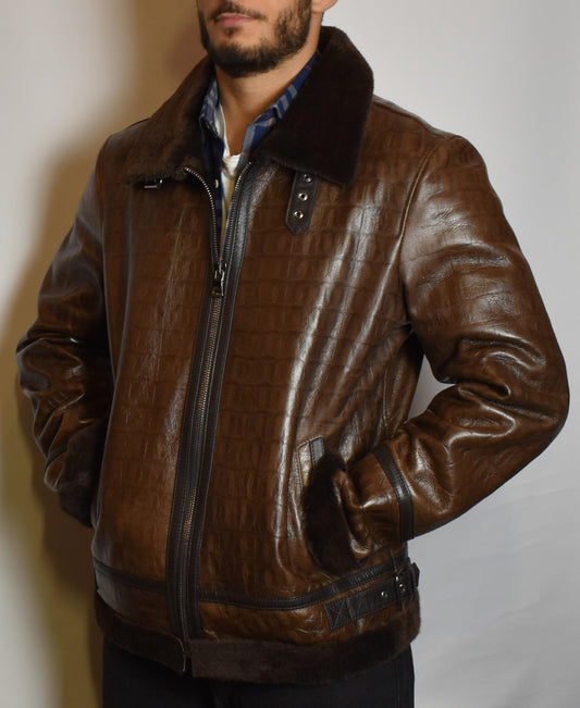 Lammfelljacke Herren Pilotenjacke/ Fliegerjacke in Kroko Optik