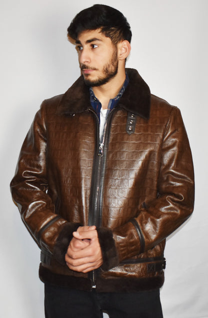 Lammfelljacke Herren Pilotenjacke/ Fliegerjacke in Kroko Optik