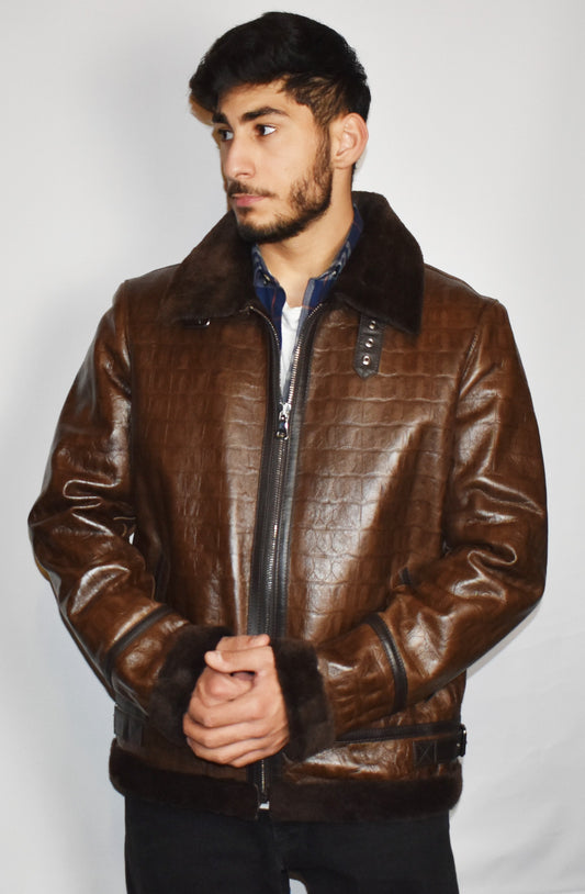 Lammfelljacke Herren Pilotenjacke/ Fliegerjacke in Kroko Optik