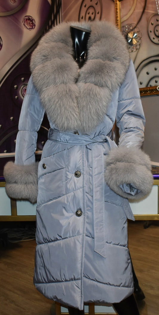Luxus Designer Damen Steppmantel mit Fuchspelz Kragen
